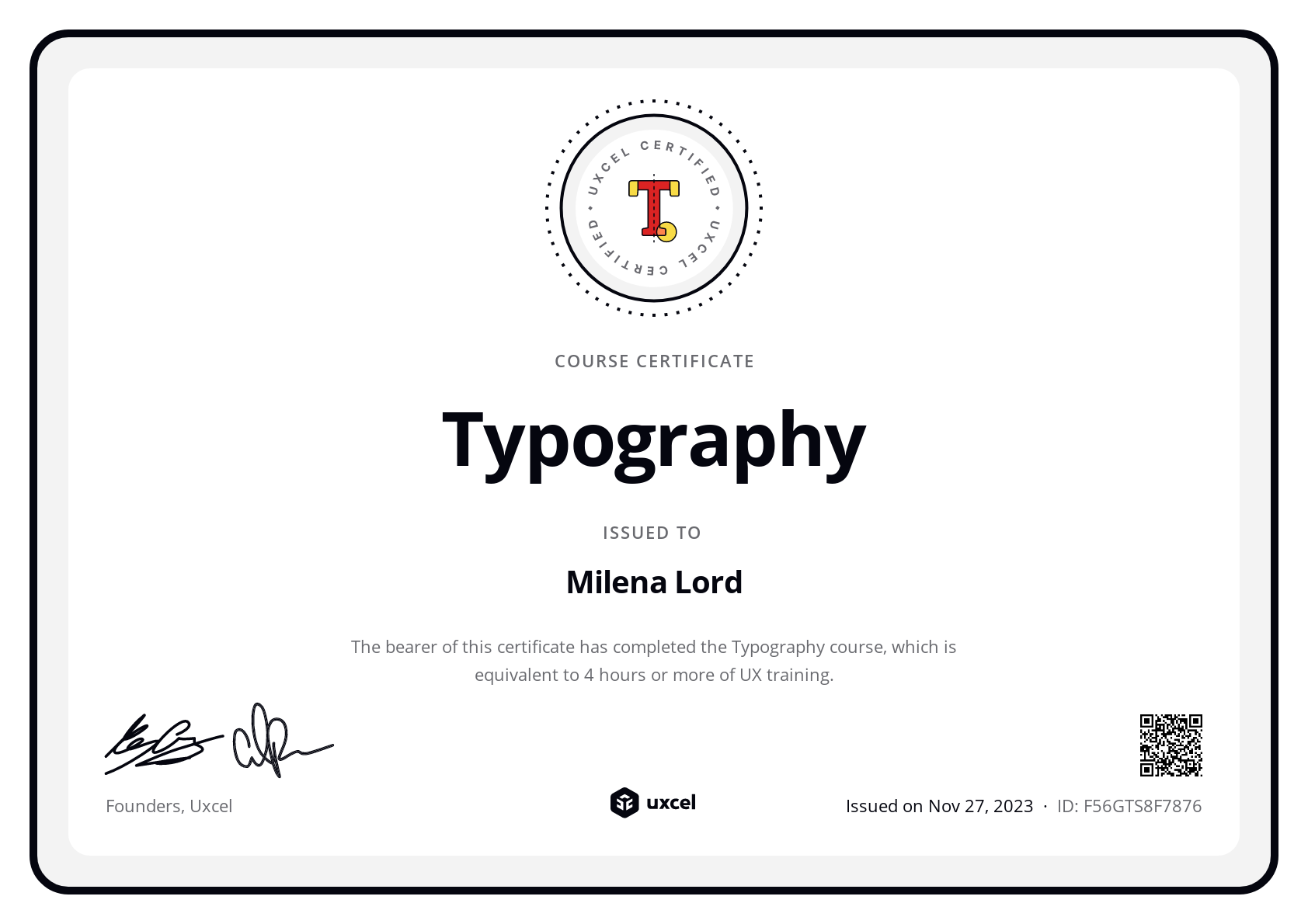 Milena Lord's certificate